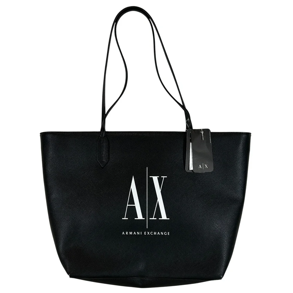 Armani Exchange AX Black Saffiano Faux Leather Zip Top Tote Bag 942575 NEW